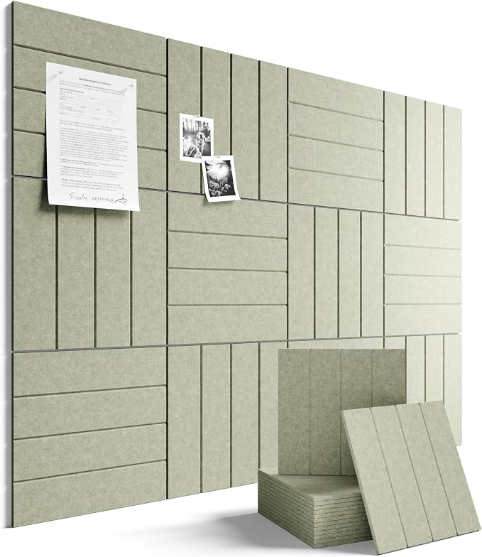 Fluxynara Felt Bulletin Board Tiles Large 48" x 36" Cork Board Alternative-12 Pack with 64 Adhesive Tabs, Thick Slat Wall Panels for Office Decor, Push Pin Board Wall Organizer Alternative-Sage Green