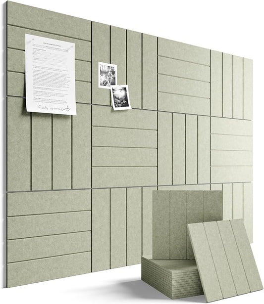 Fluxynara Felt Bulletin Board Tiles Large 48" x 36" Cork Board Alternative-12 Pack with 64 Adhesive Tabs, Thick Slat Wall Panels for Office Decor, Push Pin Board Wall Organizer Alternative-Sage Green