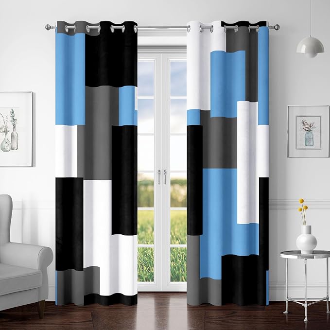 Tyrot Light Blue 100% Blackout Curtains for Bedroom 72 inch Length 2 Panels Set Grey Modern Abstract Geometric Black Out Curtains Insulated Room Darkening Window Drapes for Living Room, 52Wx72L