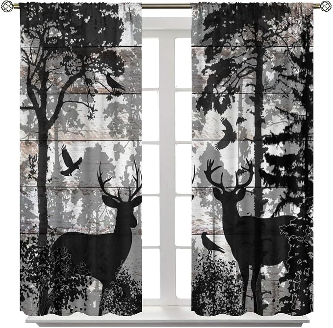 Rustic Deer Blackout Curtains for Kitchen Farmhouse Cabin Country Wild Animal Vintage Wooden Board Forest Printed Window Treatments for Farmhouse Bedroom Living Room 63x63in