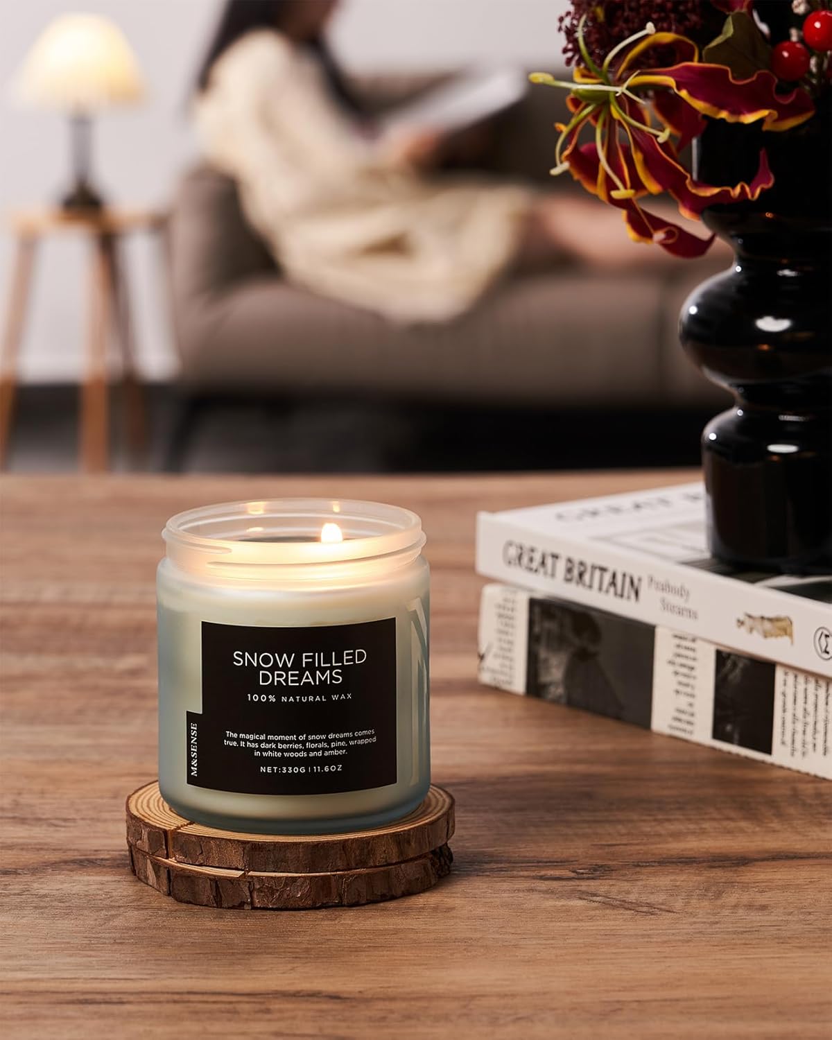 M&SENSE Snow Filled Dreams - Jasmine & Pine Scented Candle, 11.6oz Natural Soy Wax 70 Hours Long Lasting 2 Cotton Wick Aromatherapy Gifts for Home Decor, Winter Candle for Men and Women