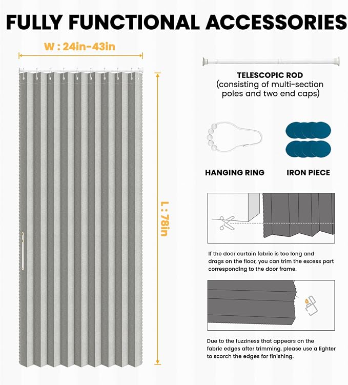 AJAZZ Set: Curtain Rods No Drilling (28-39" W Adjustable Range) & Accordion Door Curtain Grey 42W×78" L, Accordion Doors for Closet Doorway Room Divider
