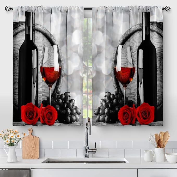 Red Rose and Wine Kitchen Curtains - Rustic Romantic Valentine Farmhouse Girls Women Short Tier Cafe Curtains Decor for Dining Room Art Country Rod Pocket Window Drapes 36 Inch Length 2 Panels Set