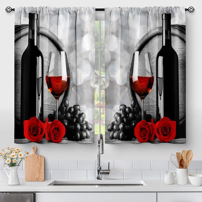 Red Rose and Wine Kitchen Curtains - Rustic Romantic Valentine Farmhouse Girls Women Short Tier Cafe Curtains Decor for Dining Room Art Country Rod Pocket Window Drapes 45 Inch Length 2 Panels Set