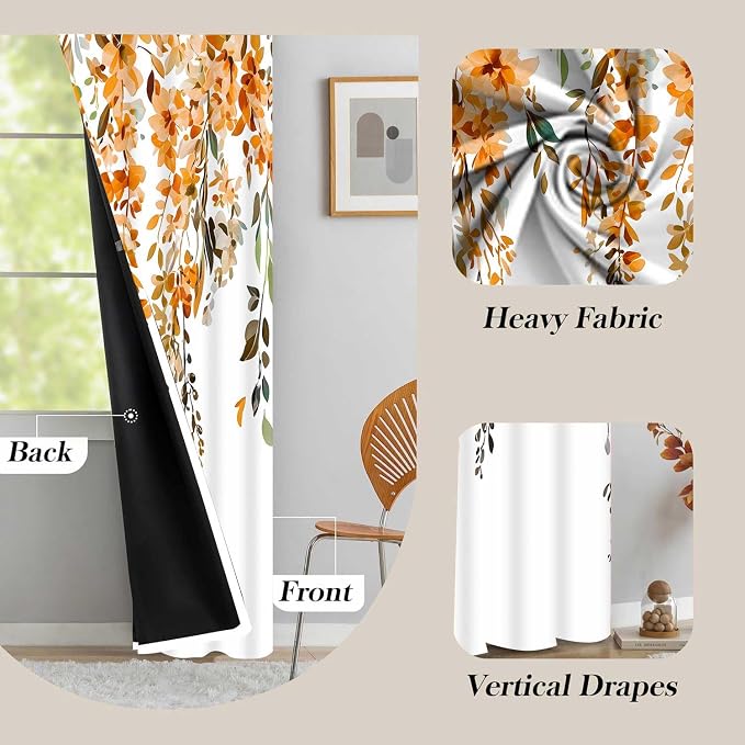 Orange Watercolor Floral Curtains, Botanical Leaves Vine Flowers Curtain, Rustic Farmhouse Flower Leaf Blackout Window Treatment Drapes for Bedroom Living Room 42x72 inch, 2 Panels