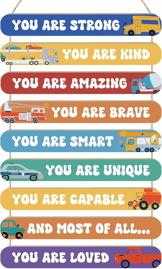MONALET Inspirational Construction Cars Wall Art Decor for Boys Room Nursery Baby Kids Playroom Bedroom Door, Motivational Hanging Wood Signs Decorations, Positive Affirmations Wooden Plaque, 12x19