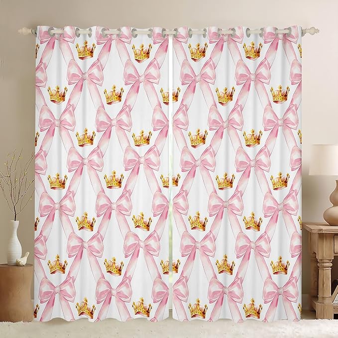 Erosebridal Kawaii Bow Girls 52" Wx84 L Curtain Pink Ribbon Bowknot Kids Window Curtain Golden Crown Princess Style Window Treatments Watercolor Geometric Bow Tie Curtains & Drapes