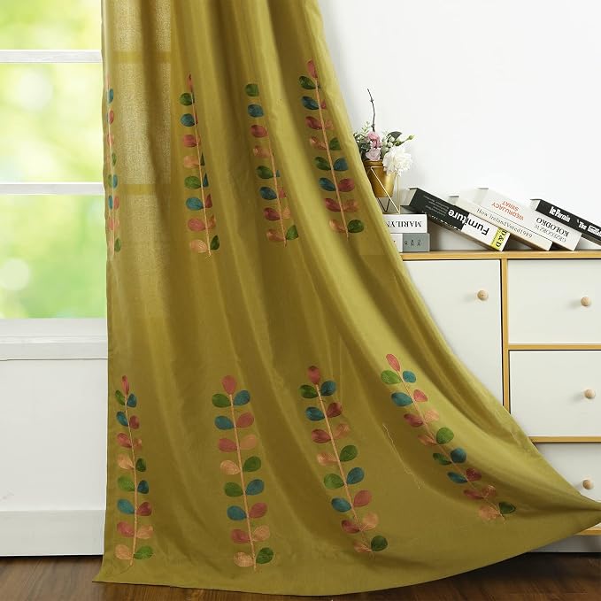 VOGOL Linen Curtains 84 Inch Length, Colorful Leaves Embroidered Window Drapes for Living Room/Dining Room, Top Grommet, W52 X L84, 2 Panels