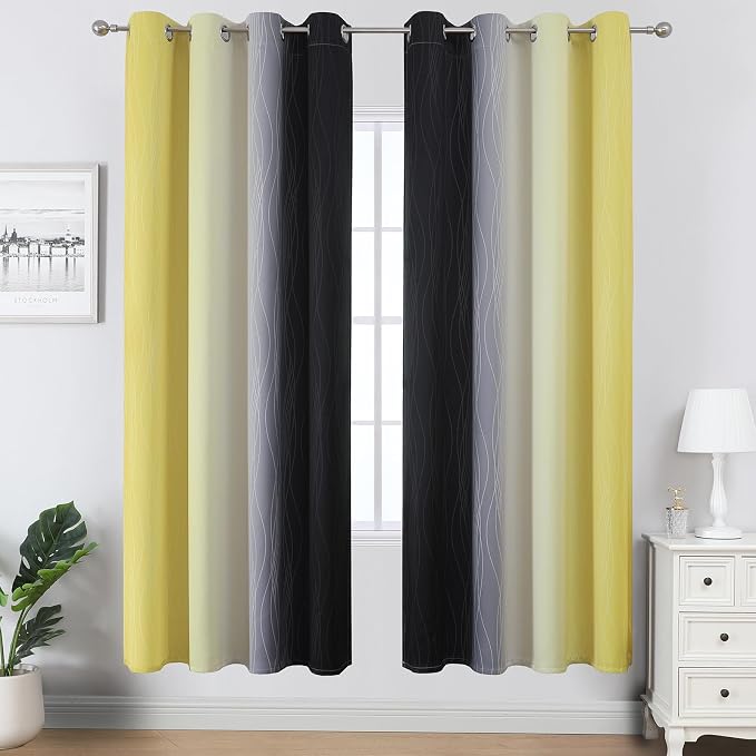 Estelar Textiler Black and Yellow Blackout Curtains for Living Room, Full Room Darkening Grommet Ombre Curtains for Bedroom, Thermal Insulated Light Blocking Gradient Drapes, 52Wx72L, 2 Panels