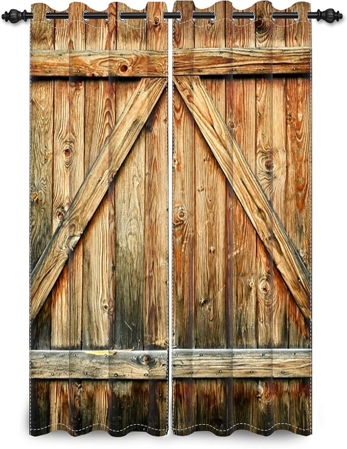 Closed Door Barn Door Curtains Rustic Vintage Wood Door Wooden Plank Window Curtains Farmhouse Countryside Living Room Kitchen Curtains Drapes Treatments Grommets Top,26x84 inch,2 Panels
