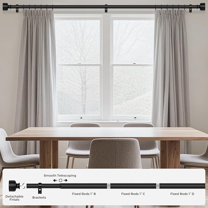 Black Curtain Rods for Windows 28 to 48 Inch(2.3-4ft), 1 Inch Diameter Heavy Duty Curtain Rod, Adjustable Decorative Drapery Poles 18-45", Matte Black