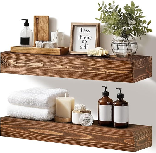 17x3x7 inch Floating Shelves Wall Mounted - Set of 2 Brown Rustic Solid Wood Wall Shelf - Heavy Duty Decorative Fireplace Mantel for Living Room, Bedroom, Bathroom, Kitchen