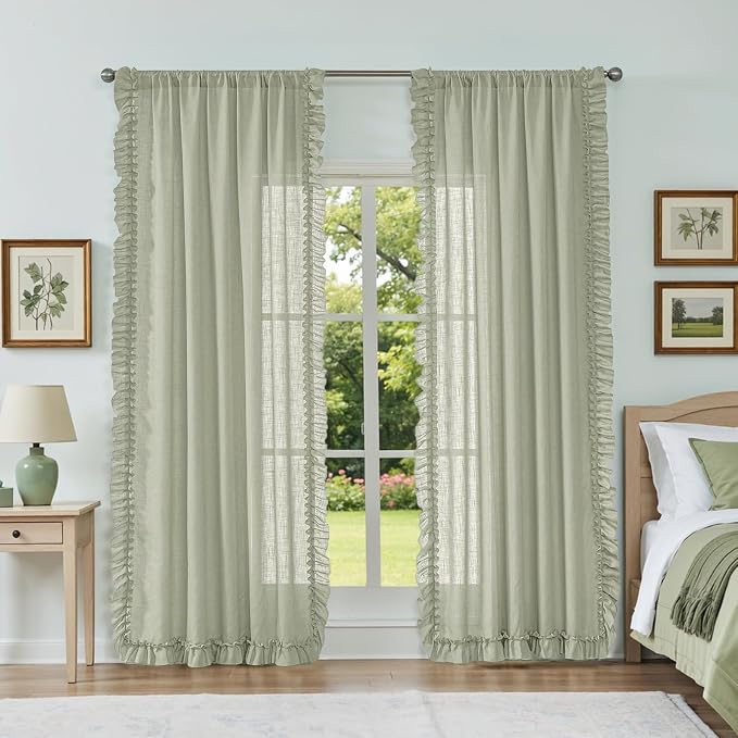 Light Sage Green Farmhouse Curtains 84 Inches Long 2 Panels, Each W58 x L84 Inch, Boho Linen Textured Cottage Scalloped Curtains for Living Room, Rod Pocket Privacy Semi-Sheer Ruffled Curtain Drapes