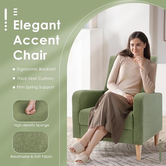 COLAMY Mid-Century Modern Accent Chair, Fabric Upholstered Living Room Chair with Back Pillow & Solid Wood Legs, Comfy Armchair for Living Room, Bedroom, Single Sofa, Green