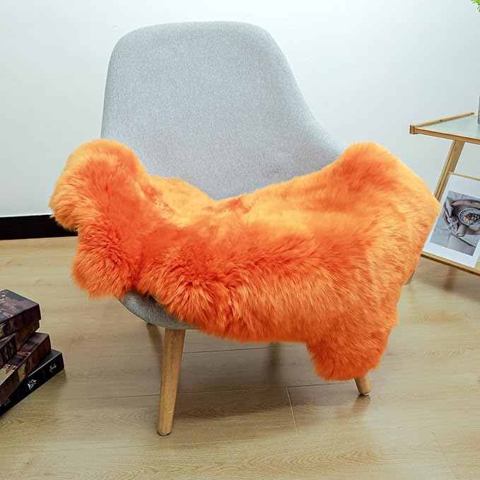 AOGELAN Orange Premium Genuine Sheepskin Rug, Genuine Sheepskin Natural Lambskin Shaggy Fur Area Rug for Kids Bedroom Sofa Chair Seat Cover Pets Dogs Mat Single Pelt/2FT*3FT