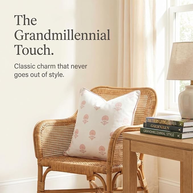 Jillien Harbor “The Lauderdale” Floral Block Print Pillow Cover – Blush Pink and Off-White Decorative Throw Pillow Cover – Grandmillennial Home Decor, 20" x 20"