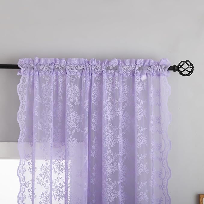 YJ YANJUN Vintage Lace Curtains 54 Inch Length-Victorian Floral Pattern Lavender Sheer Curtain Panels for Living Room Bedroom,Light Filtering, Romantic Girly Drapes 2 Panels 52W x 54L Light Purple