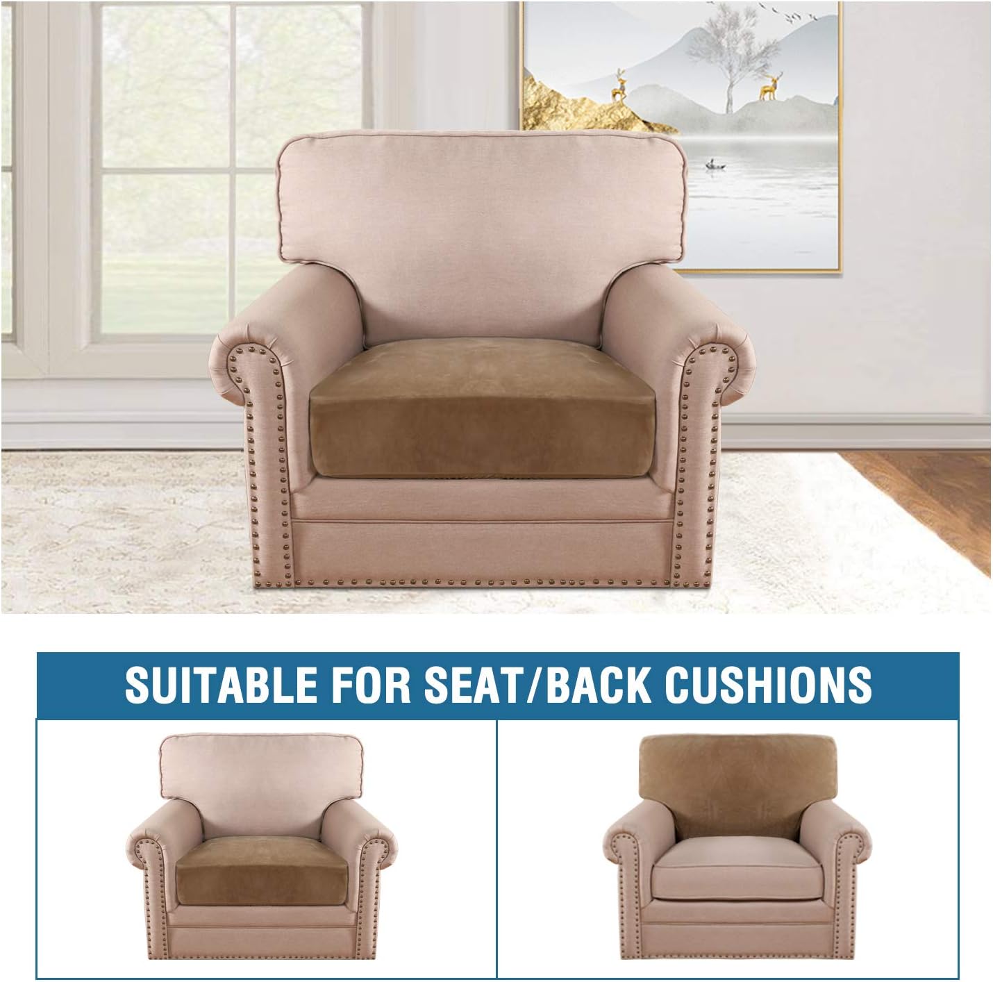 H.VERSAILTEX Velvet Stretch Couch Cushion Cover Plush Cushion Slipcover for Chair Cushion Furniture Protector Seat Cushion Sofa Cover (1 Piece Armchair Cushion Covers, Camel)