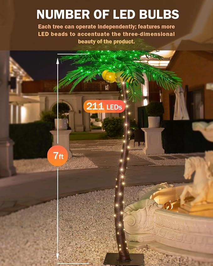 TYBEEU 7ft Lighted Palm Tree with 208 LED Lights & Glowing Coconuts | Dimmable | Decorative Artificial Tree | Indoor & Outdoor Use