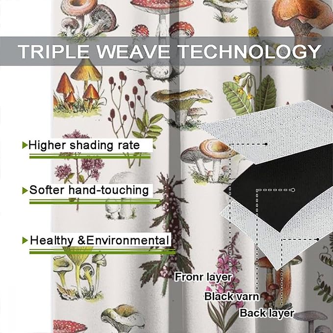 Vintage Botanical Curtains, Rustic Plants Herbs Mushroom Nature Wildflower Print Blackout Window Treatments for Living Room Bedroom Kitchen 63x72in