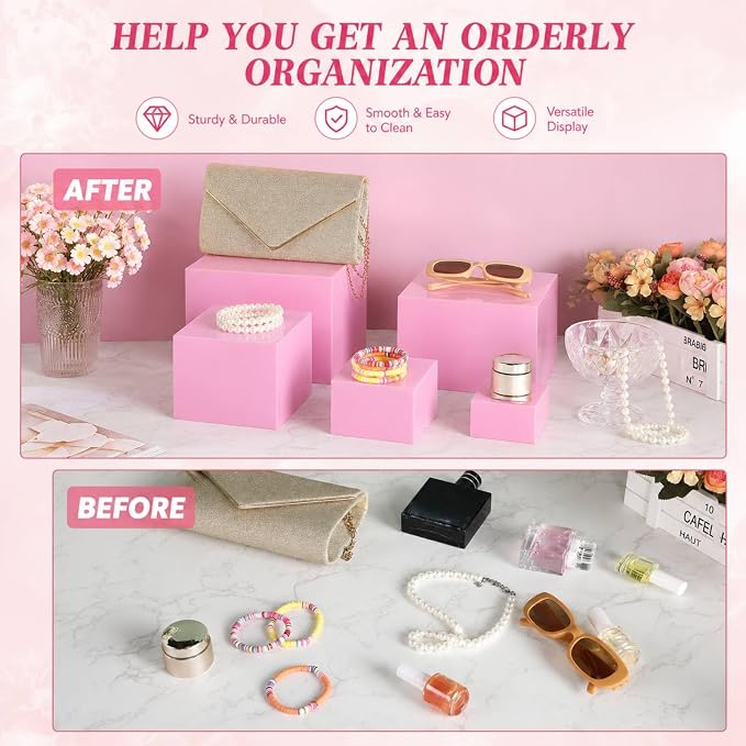 Geelin 6 Pack Acrylic Risers for Display Acrylic Cube Boxes Risers Display Stands with Hollow Bottoms Decorative Stand for Jewelry Candy Table Decor 6 Sizes(Pink,3 to 8 Inch,Square)