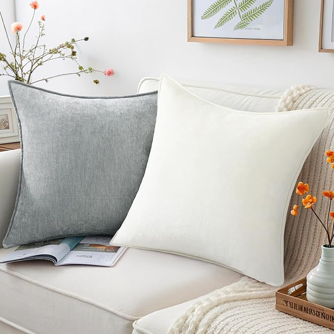 decorUhome Fall Couch Euro Sham Throw Pillow Covers 26x26 Set of 2, Decorative Soft Velvet Modern Cozy Chenille Pillow Cases with Elegant Design for Sofa Bed Living Room Home Decor, Ultimate Gray