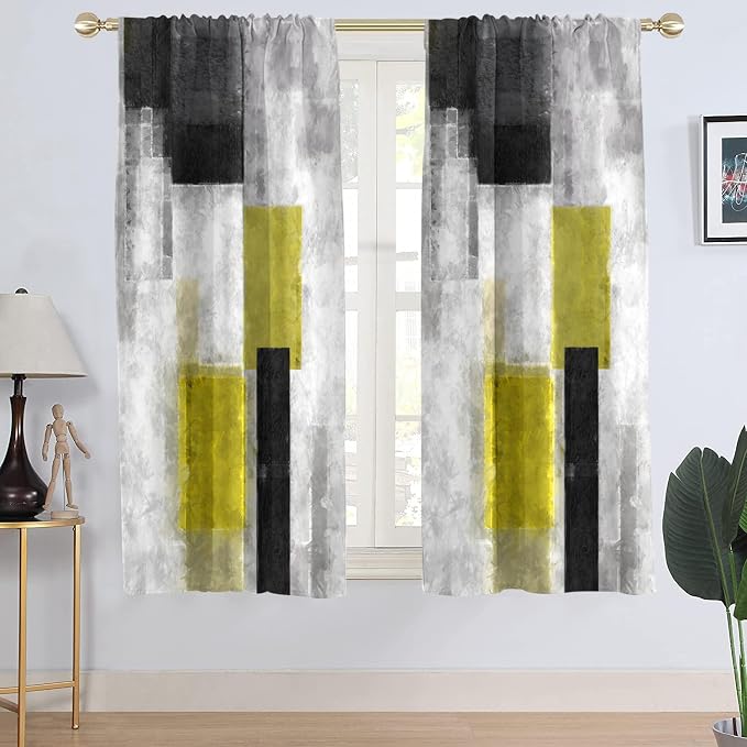 AAtter Yellow Window Curtain Black and White Grey Gray Abstract Modern Dark Mustard Aesthetic Mens Pastel Living Room Bedroom Rod Pocket Drapes Treatment Fabric 1 Pair Home Decor, 42" W x 63" L, Art