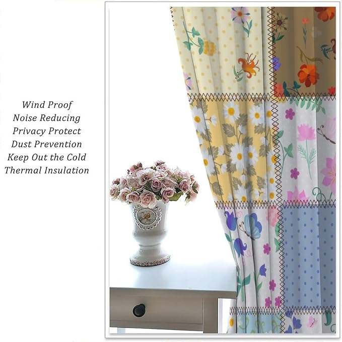 Boho Patchwork Floral Blackout Curtains Boho Vintage Flower Bohemian Colorful Spring Retro Print Window Drapes for Bedroom Living Room Kitchen Cafe （W31.5xL72 Inch） x2 Panels