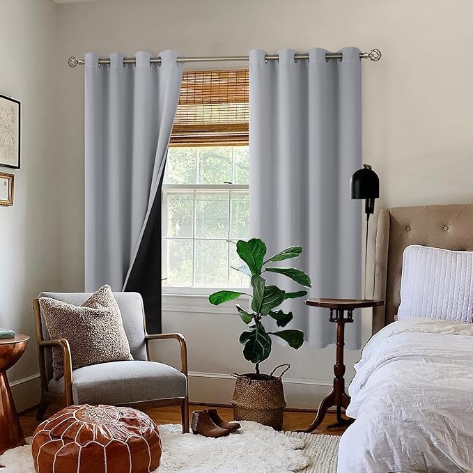 BGment Thermal Insulated 100% Blackout Curtains for Bedroom with Black Liner, Double Layer Full Room Darkening Noise Reducing Grommet Curtain (55 x 69 Inch, Light Grey, 2 Panels)