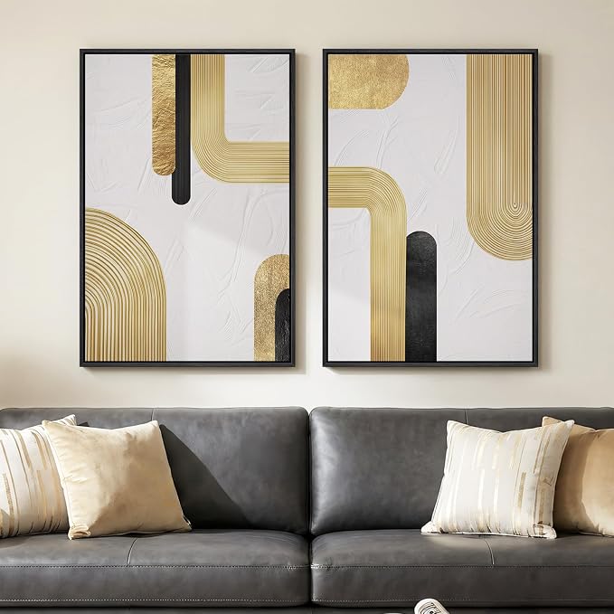 Large Framed Gold Abstract Wall Art Set of 2 for Living Room, Modern Minimalist Luxury Black White Canvas Artwork for Walls, Contemporary Line Painting Print Wall Decor for Bedroom Office, 24x36 Inch