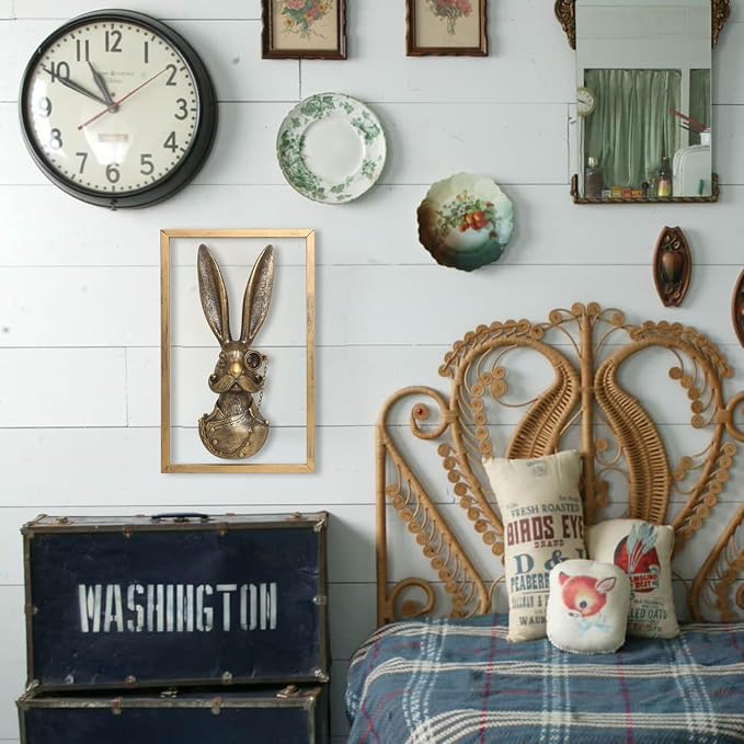 Newinhome Animal Heads Wall Decor (Includes Metal Frame) Bunny Resin Animals Sculptures Old Money Bunny Wall Hanging Decoration Gold vintage Wall Sculpture for Living Room Bedroom Office(Rabbit)