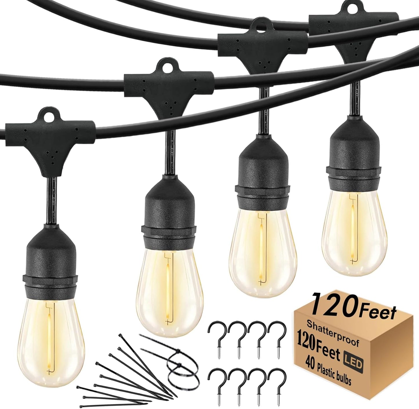 120 FT Outdoor String Lights LED Waterproof with 40 Shatterproof Plastic Warm Edison Bulbs String Bistro Lights for Patio Gazebo Pergola Market