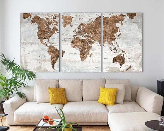 Large World Maps for Wall Framed Mens Office Living Room Wall Decor | Canvas Wall Art for Boys Womens Bedroom Giant Oversized Inspirational Vintage Old Global Map Artwork