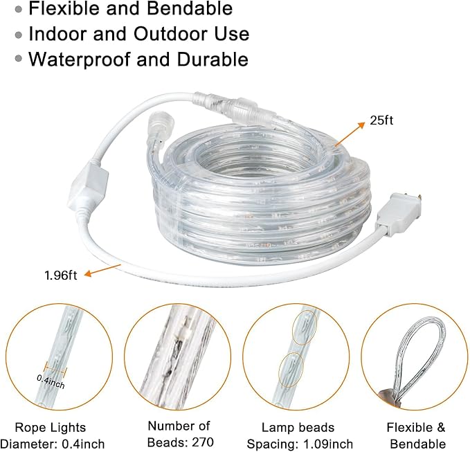 SURNIE LED Rope Lights Outdoor Warm White, Waterproof 25FT Cuttable 3000K Soft Lighting Indoor 110V Flexible Clear Tube for Bedroom Outside Garden Deck Patio Camping Decor, Not Flat Strip
