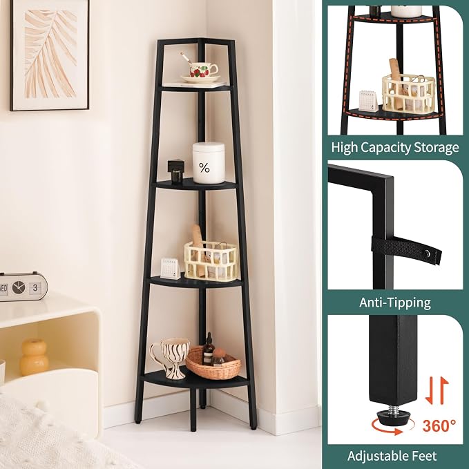 Yoobure 4‑Tier Corner Shelf – Sturdy Metal Frame & Wood Ladder Bookshelf, Space‑Saving Display Shelves for Plants & Books, Easy Assembly, for Bedroom, Living Room, Office, Balcony