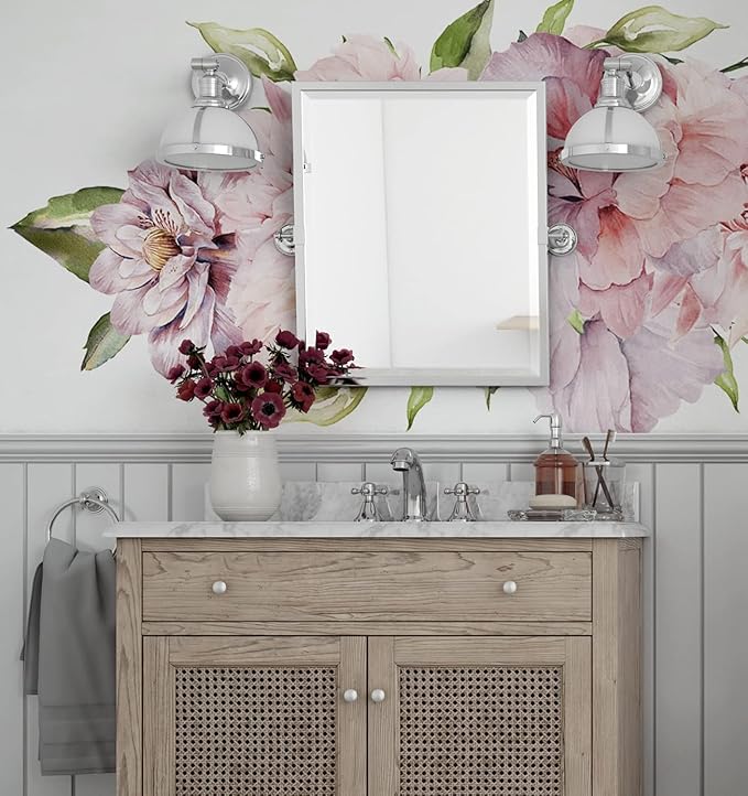 Big Peonies Floral Wall Decal - Watercolor Floral Sticker for Bedroom Decor - Removable Botanical Huge Wall Stickers (Big Leaf Decals)