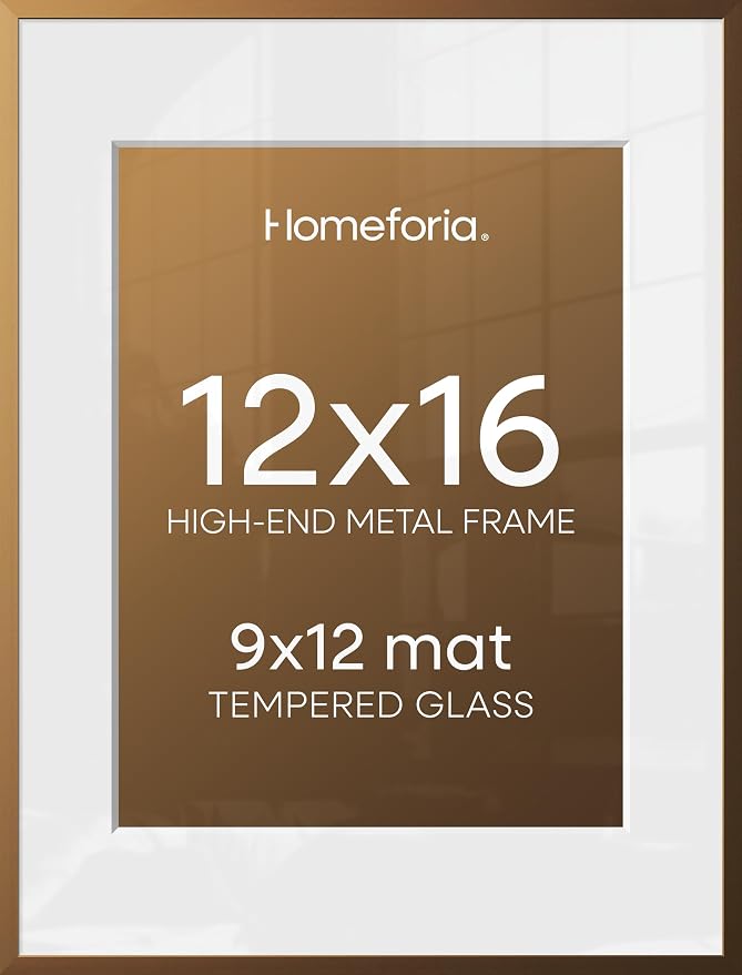 Homeforia 12x16 Picture Frame Bronze, High End Metal 12x16 Brass Poster Frames with Mat 9x12 Photo, 12 x 16 Bronze Frame Matted to 9 by 12 Print, 16by12 Thin Frames, Tempered Glass, Wall Kit, Set of 2