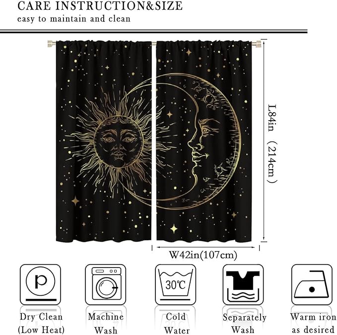 Gold Sun and Moon Blackout Windows Curtains, Fantasy Mandala Bohemian Universe Galaxy Printed Curtains, for Living Room Bedroom 84x84in 2 Panels