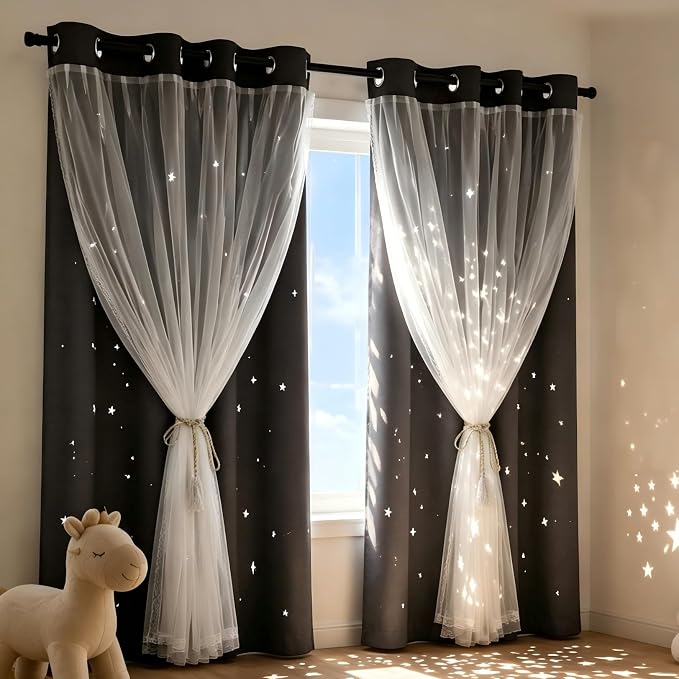 Blackout Curtains for Girl Bedroom/Living Room/Classroom, Sheer Overlay 63 Inches 2 Panel Set, Double Layer Curtains with Star Cutout for Kids Room(W 52 x L 63 Inches,Grey 2 Pcs)