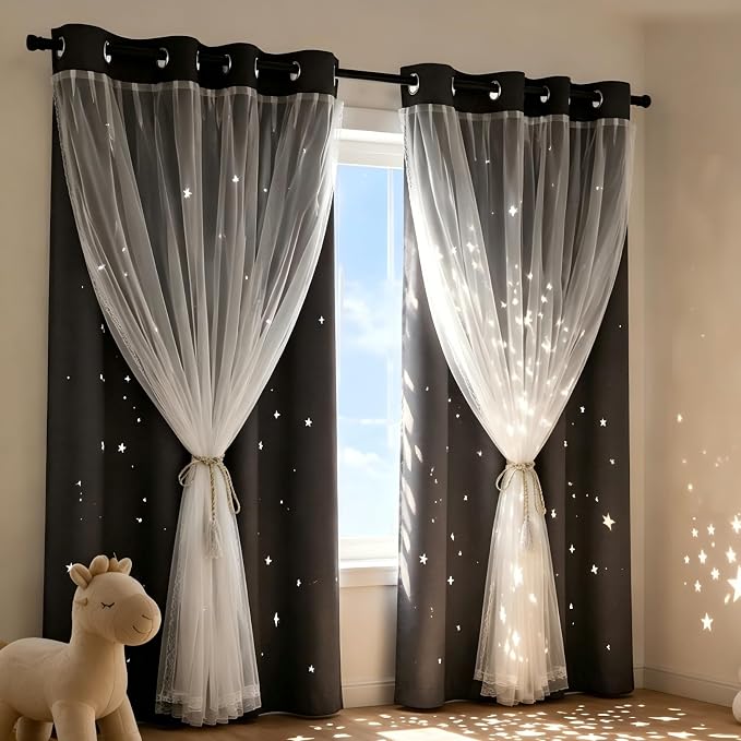 Kids Blackout Curtains for Bedroom/Living Room/Classroom, Sheer Overlay 72 Inches 2 Panel Set, Double Layer Curtains with Star Cutout for Kids Room(W 52 x L 72 Inches,Grey 2 Pcs)