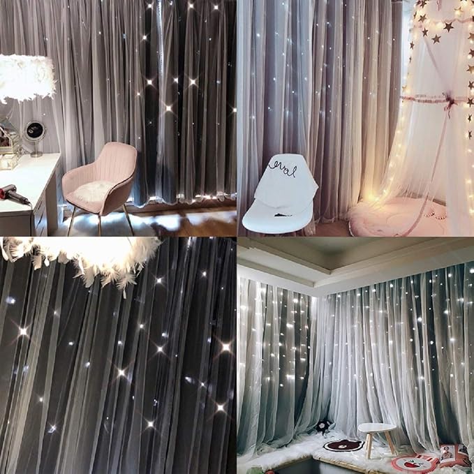 UNISTAR 2 Panels Stars Blackout Curtains for Bedroom Girls Kids Baby Window Curtain Double Layer Star Cut Out Aesthetic Living Room Decor Wall Home Decorations Curtain,W52 x L84 Inches,Grey