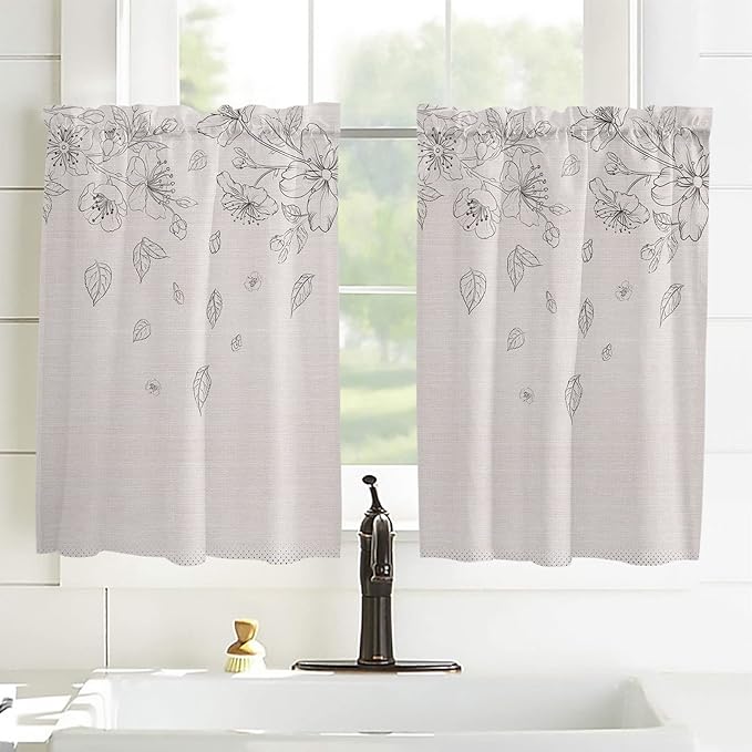 Kitchen Tier Curtains 54 inches Long, Flowers Leaves and Polka Dot Texture on Cotton Linen Window Curtains for Living Room Bath,Rod Pocket Light Filter Drapes Half Window Treatment Tiers 2 Panels