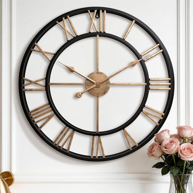 Pytha Sight 30 Inch Extra Large Giant Wall Clock,Oversized Round Silent Industrial Black Metal Farmhouse Big Vintage Gold Roman Numeral Wall Clocks for Living Room,Kitchen,Bedroom Home Decor