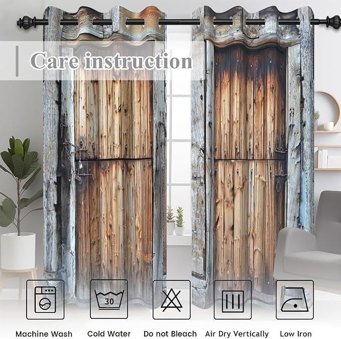 Rustic Barn Door Window Curtains Vintage Dilapidated Wooden Door Blackout Curtains Window Drapes for Living Room Bedroom Rural Farmhouse Farm Kitchen Window Treatment,53x72 inch,2 Panels