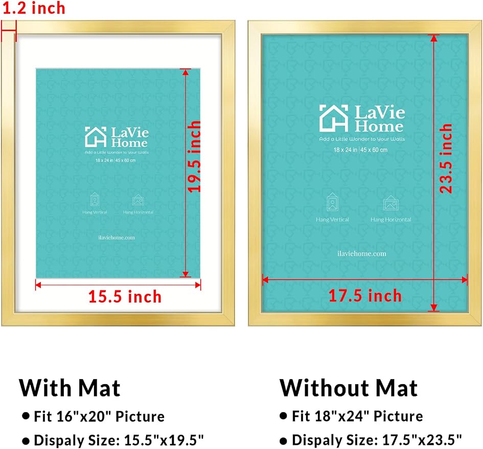 LaVie Home 18x24 Picture Frame Gold Poster Frame, Display Pictures 16x20 with Mat or 18x24 Without Mat, Stable and Sturdy Frame and Polished Plexiglass, Horizontal and Vertical Format of The Walls
