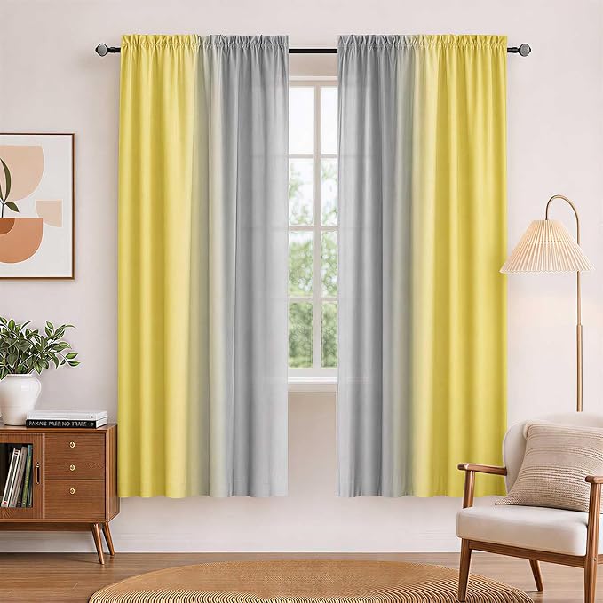 Yellow and Grayish Curtains for Living Room 63 Inch Length Ombre Curtains 2 Panel Bedroom Yellow and Grey Curtains Rod Pocket Light Filtering Window Curtain Modern Gradient Drapes