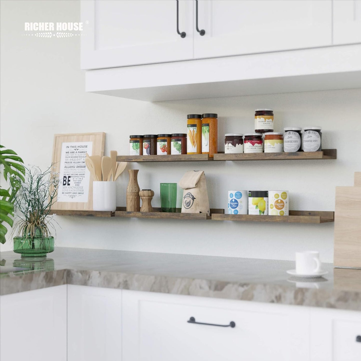 RICHER HOUSE 8 Set Floating Wall Mounted Shelves, Nursery Hanging Book Shelves with Lip for Storage, Display Picture Ledge Shelf for Bedroom Bathroom Kitchen Living Room Wall Decor, Rustic Brown