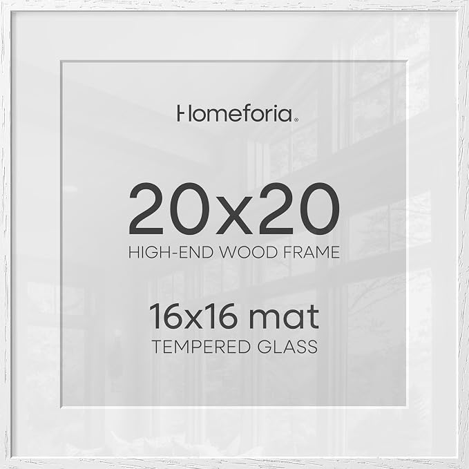 Homeforia 20x20 White Picture Frame, High End Oak 20 x 20 Square Wood Frames with Mat 16 by 16 inches Photo, 20by20 White Wooden Poster Frames Matted to 16x16 Print, Tempered Glass, Wall Kit, Set of 1