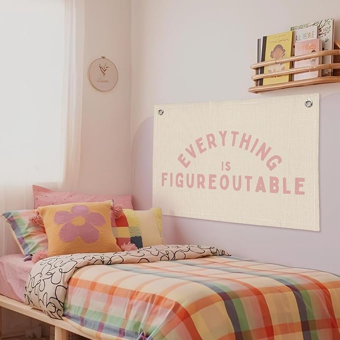 Everything is Figureoutable Inspirational Wall Decor, Motivational Classroom Wall Decor, Classroom Linen Canvas Banner Hanging Flag, 20x30 Inch - Pink