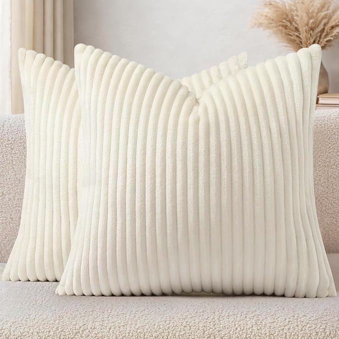 Simmore Decorative Fall Throw Pillow Covers 18x18 Set of 2, Soft Natural Plush Flannel Double-Sided Fluffy Couch Pillow Covers for Sofa Living Room, Cream White